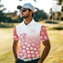 Load image into Gallery viewer, Personalized pink heart pattern white Mens golf polo shirts, custom Valentine golf gifts for him NQS11326