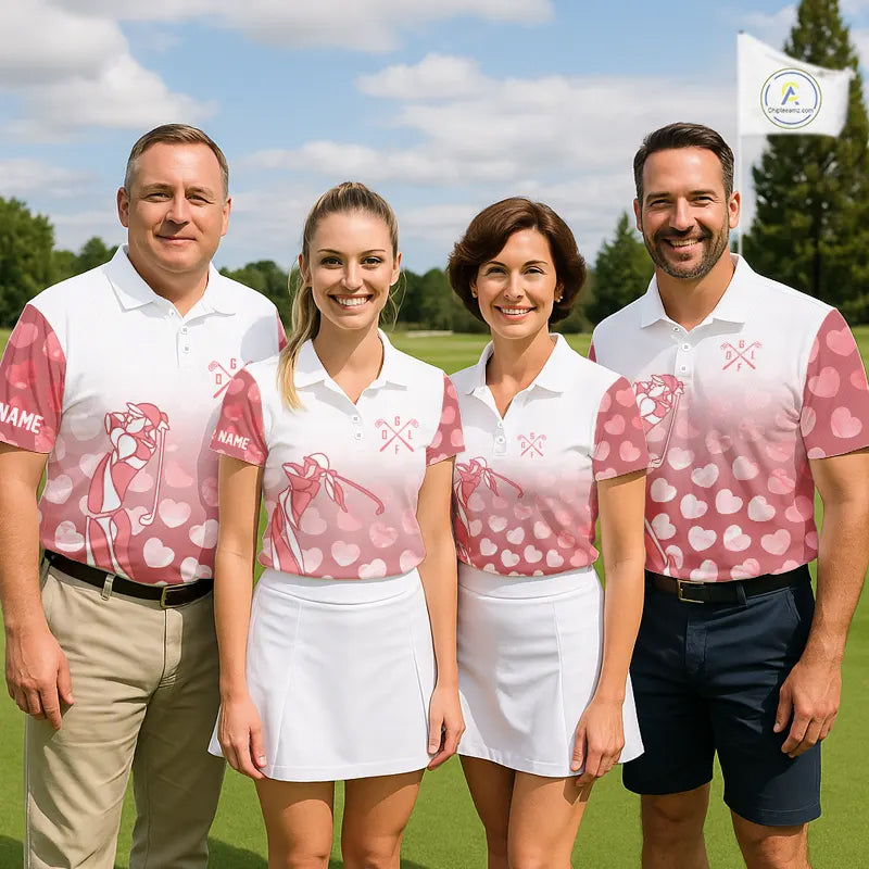 Personalized pink heart pattern white Mens golf polo shirts, custom Valentine golf gifts for him NQS11326