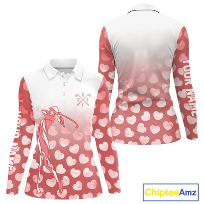 Personalized pink heart pattern white Womens golf polo shirts, custom Valentine golf gifts for her NQS11326