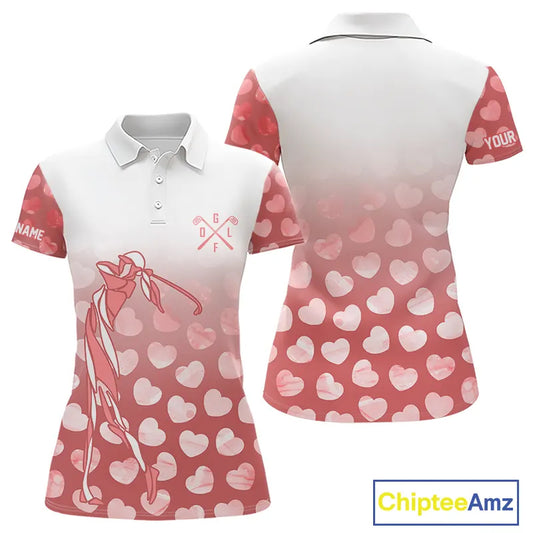 Personalized pink heart pattern white Womens golf polo shirts, custom Valentine golf gifts for her NQS11326