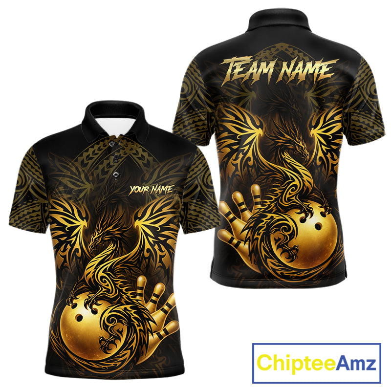 Custom Black And Gold tribal Dragon Bowling Shirts For Men, Dragon Bowling Team Shirts Uniform NQS11534
