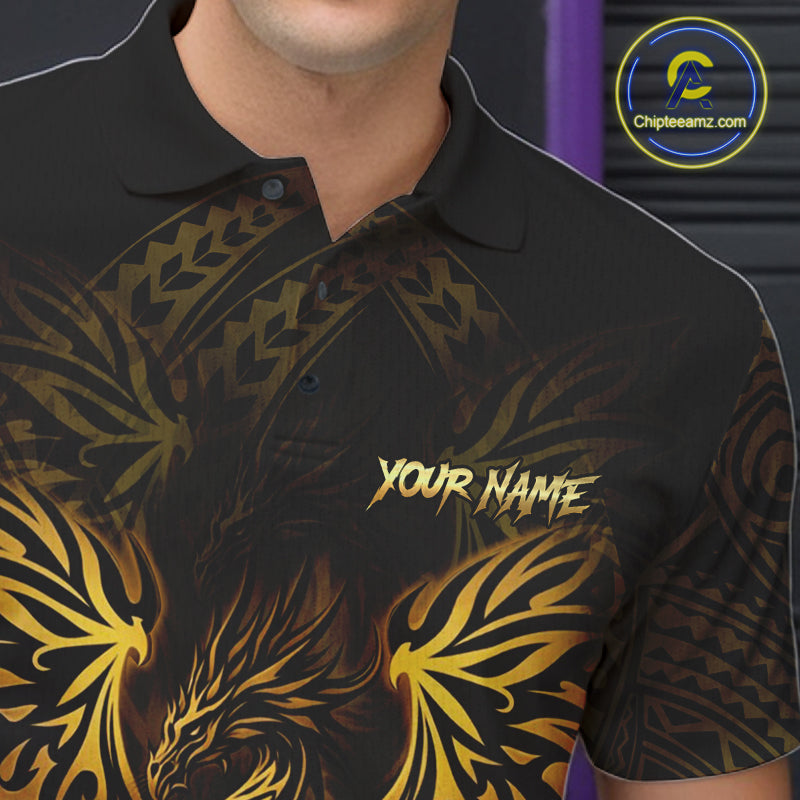 Custom Black And Gold tribal Dragon Bowling Shirts For Men, Dragon Bowling Team Shirts Uniform NQS11534