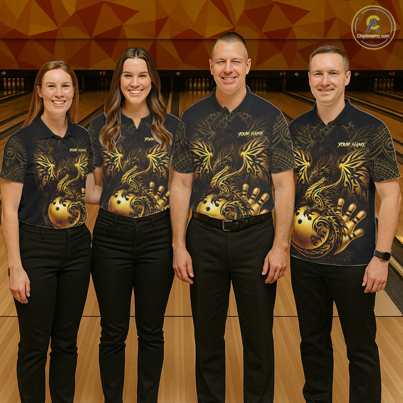 Custom Black And Gold tribal Dragon Bowling Shirts For Men, Dragon Bowling Team Shirts Uniform NQS11534