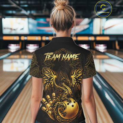 Custom Black And Gold tribal Dragon Bowling Shirts For Women, Dragon Bowling Team Shirts Uniform NQS11534