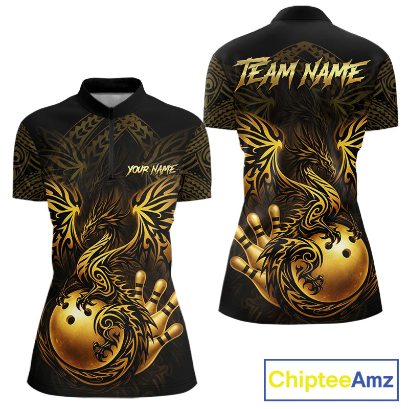 Custom Black And Gold tribal Dragon Bowling Shirts For Women, Dragon Bowling Team Shirts Uniform NQS11534