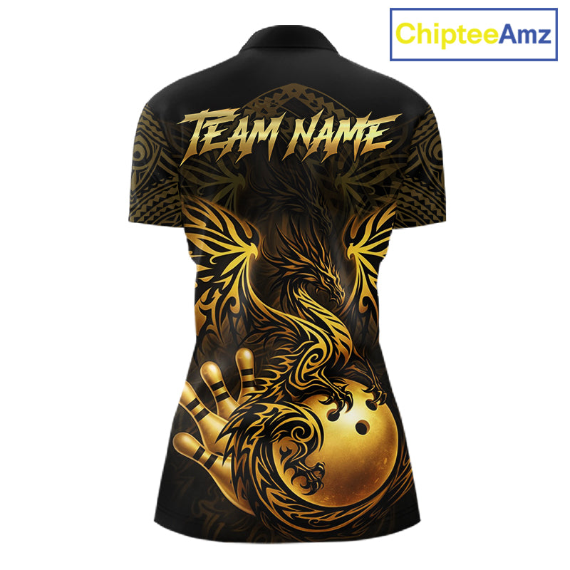 Custom Black And Gold tribal Dragon Bowling Shirts For Women, Dragon Bowling Team Shirts Uniform NQS11534