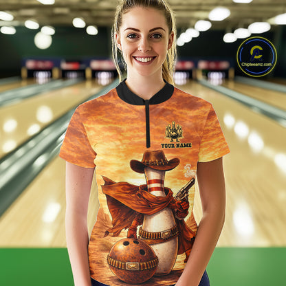 Custom Funny Desert Bowling Cowboy gun bowling team shirts For Women, Bowling Polo, 1/4 zip jerseys NQS11536