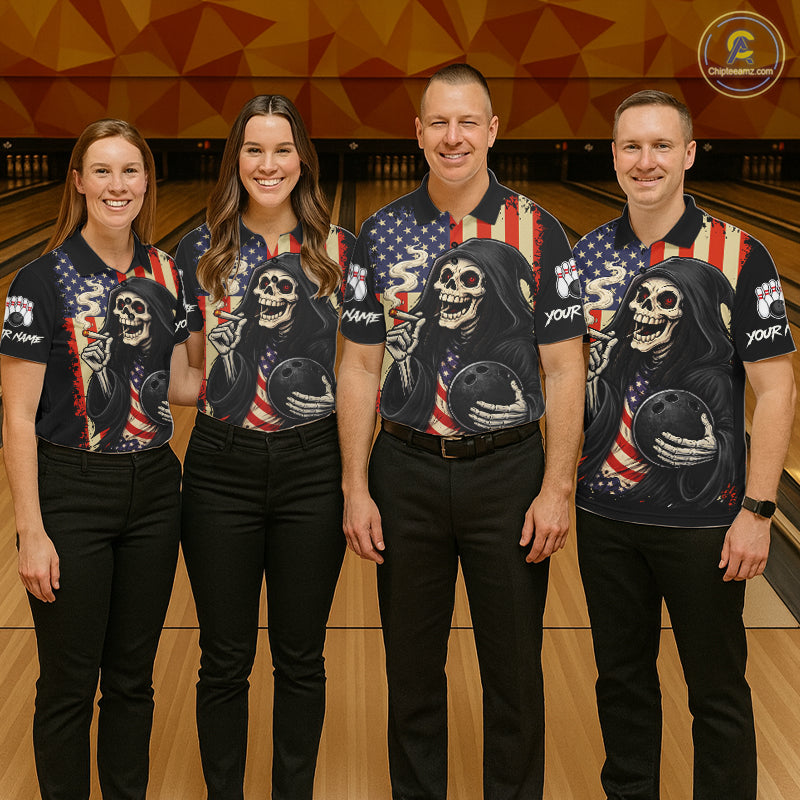 Custom American Flag Skull Bowling shirts For Men, patriotic team Bowling jerseys gift for bowlers NQS11538