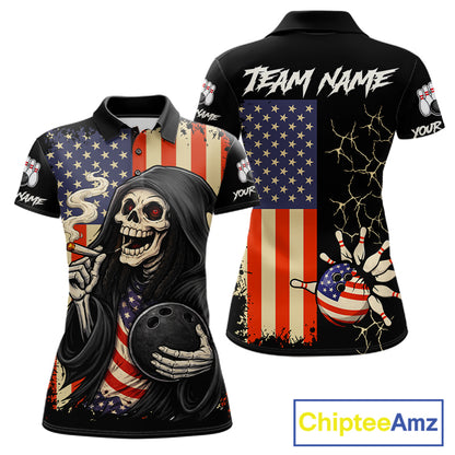 Custom American Flag Skull Bowling shirts For Women, patriotic team Bowling jerseys gift for bowlers NQS11538