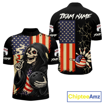 Custom American Flag Skull Bowling shirts For Men, patriotic team Bowling jerseys gift for bowlers NQS11538