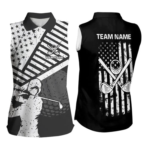 Black and White American Flag Women Sleeveless polo shirt custom patriotic golf apparel team jerseys NQS9605