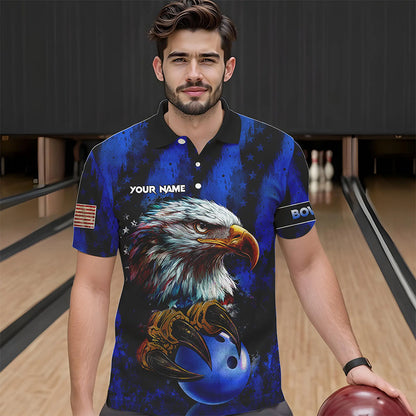 American Flag Eagle Mens Bowling Polo, 1/4 Zip Shirt Custom Name Patriotic Bowling Team Jersey | Blue NQS9755