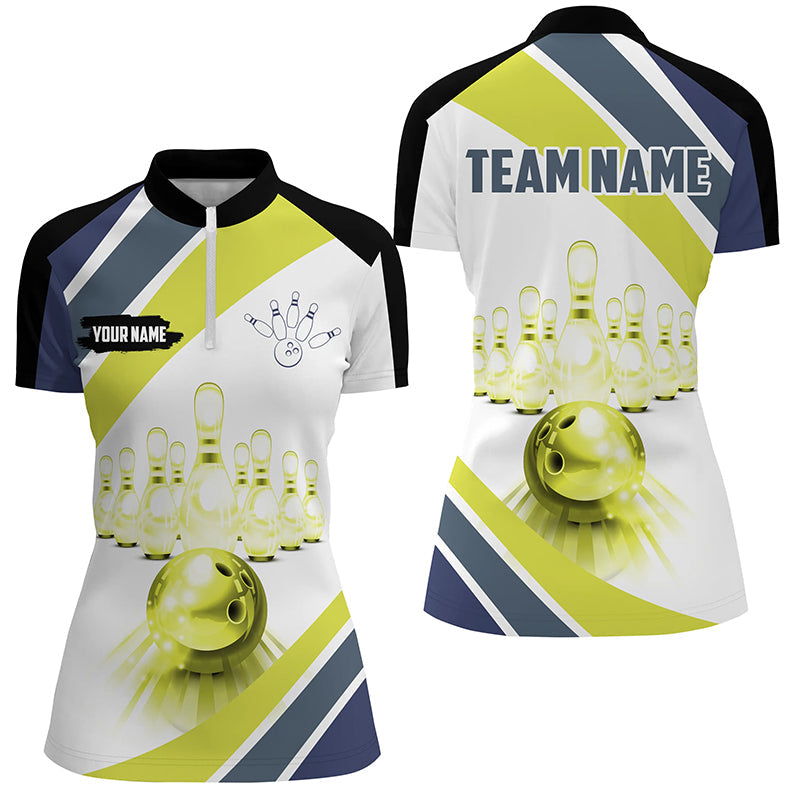 Lime green Light Bowling Quarter Zip Shirt for Women Custom Bowling ball and pins Team League Jerseys NQS7534