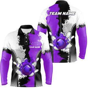 Black white bowling fire league jerseys custom Bowling polo, quarter zip shirt for men bowler | Purple NQS7669