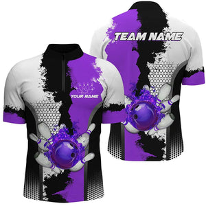 Black white bowling fire league jerseys custom Bowling polo, quarter zip shirt for men bowler | Purple NQS7669