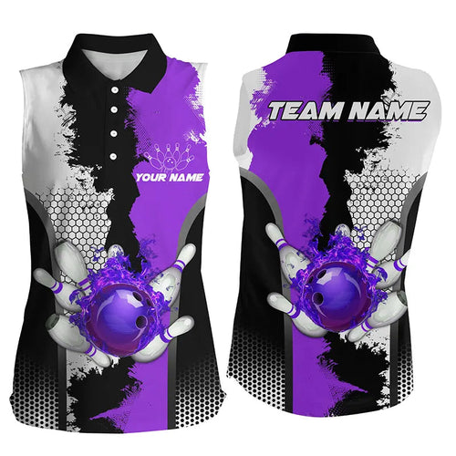 Black white bowling fire league jerseys custom Women sleeveless Polos Shirt, gifts for bowler | Purple NQS7669