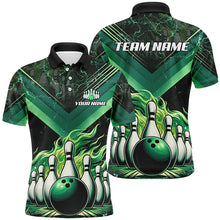 Load image into Gallery viewer, Mens Bowling polo, quarter zip shirts Custom Flame bowling team Jerseys, gift for bowlers | Green NQS7674