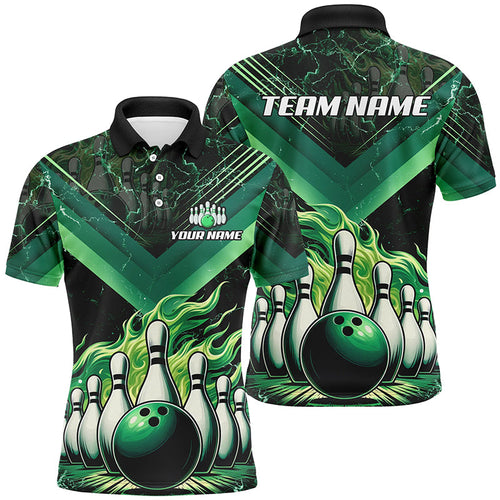 Mens Bowling polo, quarter zip shirts Custom Flame bowling team Jerseys, gift for bowlers | Green NQS7674