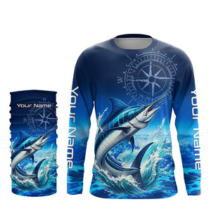 Personalized Marlin Blue Long Sleeve Performance Fishing Shirts, Marlin compass tournament Shirts NQS5816