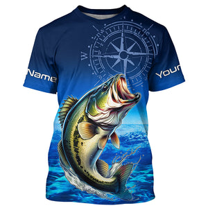 Personalized Bass Blue Long Sleeve Performance Fishing Shirts, Bass compass tournament Shirts NQS5817