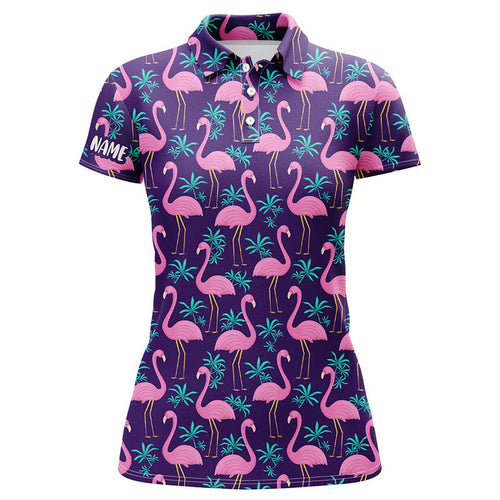 Women golf polo shirt pink flamingos and tropical leaves pattern custom team flamingo golf polo shirts NQS7909