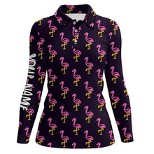 Load image into Gallery viewer, Black Womens golf polo shirt neon pink flamingos pattern custom name team golf polo shirts NQS7910