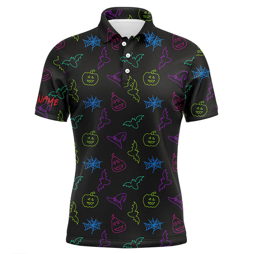 Colorful neon Halloween pattern black Mens Golf Polo Shirts Custom golf attire for men golfer gifts NQS8557