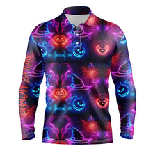 Load image into Gallery viewer, Vibrant neon witch hat pumpkins Halloween Mens Golf Polo Shirt Custom golf attire for men golfer gifts NQS8558