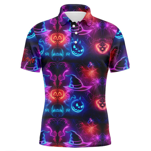 Vibrant neon witch hat pumpkins Halloween Mens Golf Polo Shirt Custom golf attire for men golfer gifts NQS8558