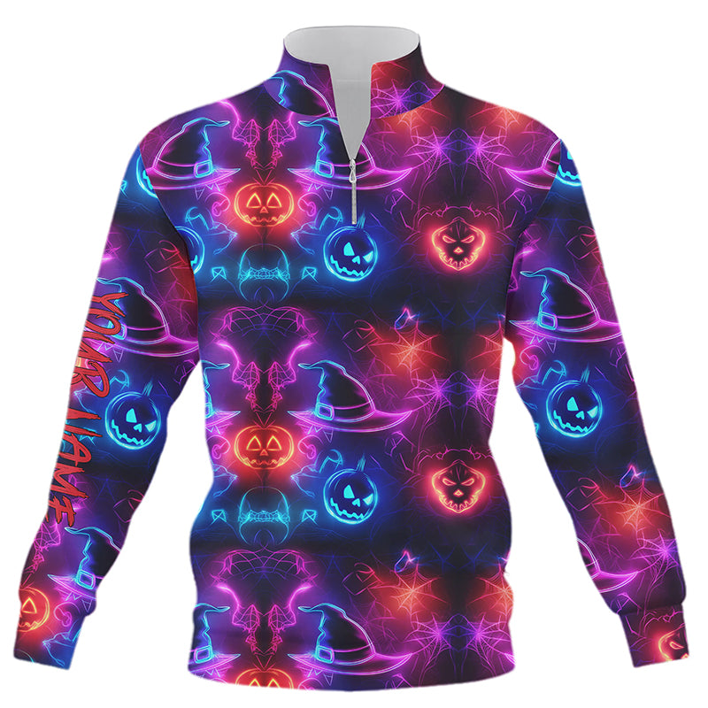 Vibrant neon witch hat pumpkin Halloween Quarter zip golf sweatshirt Custom golf sweater NQS8558