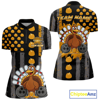 Funny Bowling Shirts For Women Pumpkin American Flag Turkey Thanksgiving Custom turkey bowl shirts NQS10943