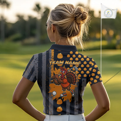 Funny Golf Polo Shirts For Women Custom Pumpkin American Flag Turkey Thanksgiving golf shirt NQS10944