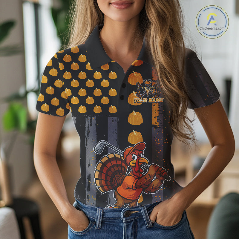 Funny Golf Polo Shirts For Women Custom Pumpkin American Flag Turkey Thanksgiving golf shirt NQS10944
