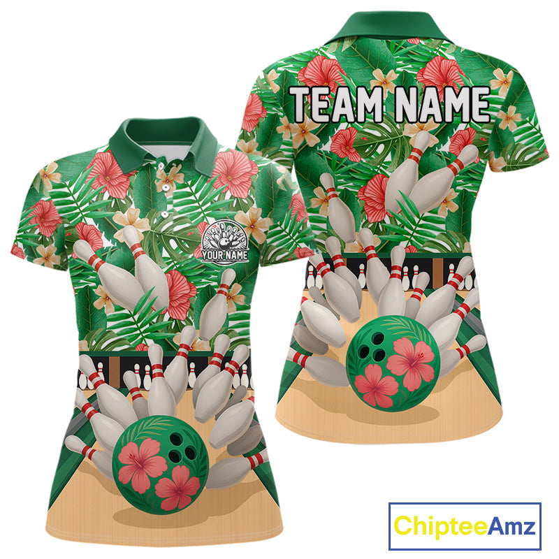Green tropical flower Bowling Polo, Quarter Zip Shirts For Women Custom bowling team jersey NQS10945