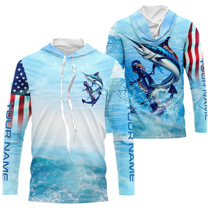 Marlin fishing blue water anchor compass American flag custom patriotic long sleeve Fishing jerseys NQS6901