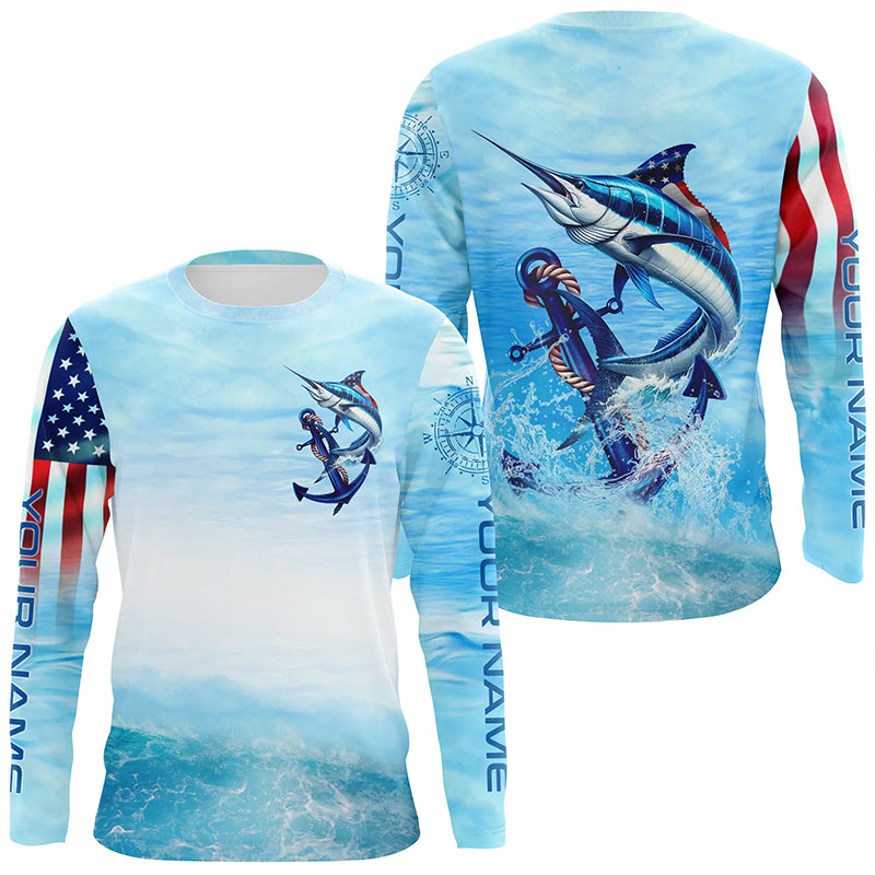 Marlin fishing blue water anchor compass American flag custom patriotic long sleeve Fishing jerseys NQS6901