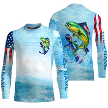 Load image into Gallery viewer, Mahi mahi fishing blue water anchor compass American flag custom patriotic long sleeve Fishing jerseys NQS6902