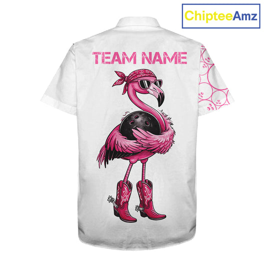 Funny Cute Pink Flamingo Custom White & Pink Bowling Hawaiian Shirts, Flamingo Bowling Team Outfits NQS11544