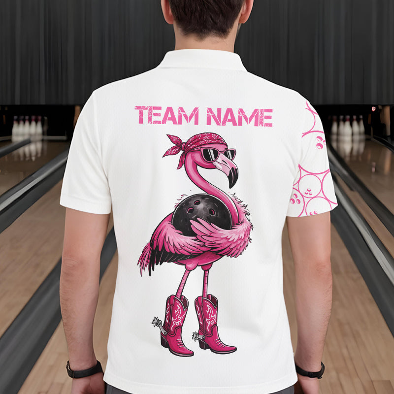 Funny Cute Pink Flamingo Custom White and Pink Bowling Shirts For Men, Flamingo Bowling Team Outfits NQS11544