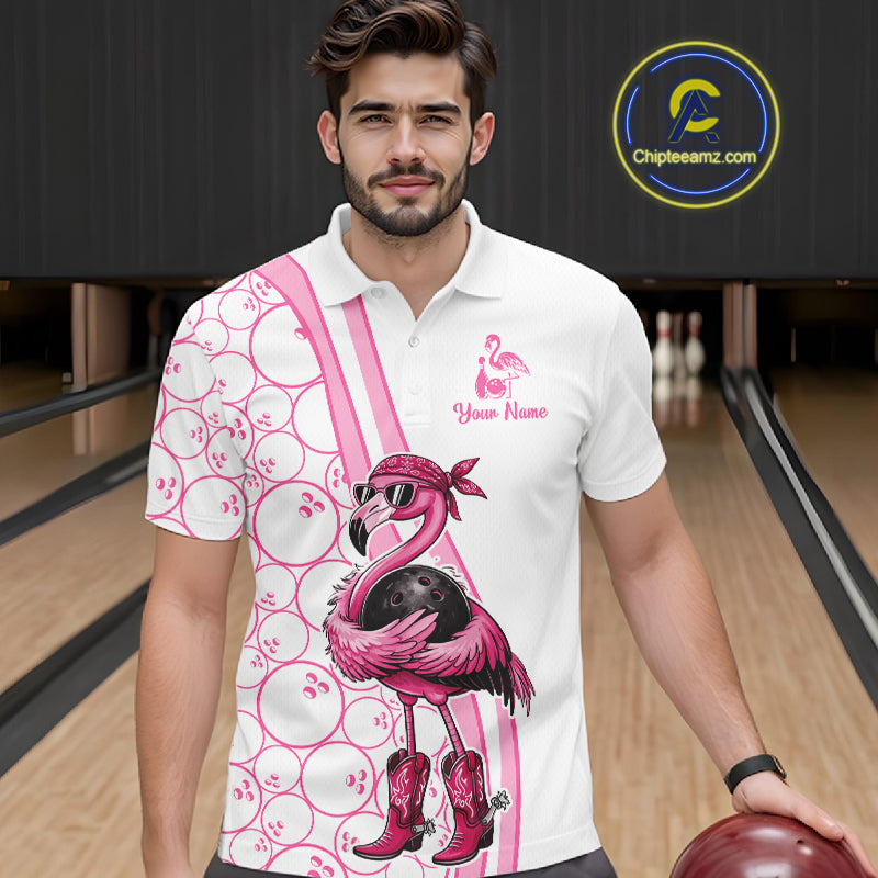 Funny Cute Pink Flamingo Custom White and Pink Bowling Shirts For Men, Flamingo Bowling Team Outfits NQS11544