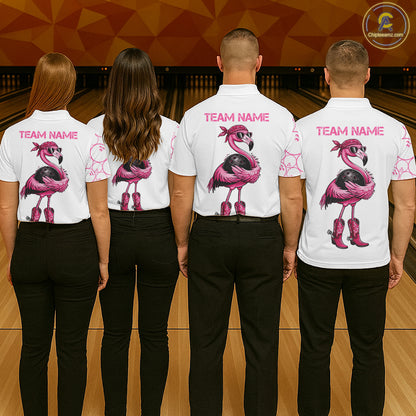 Funny Cute Pink Flamingo Custom White & Pink Bowling Shirts For Ladies, Flamingo Bowling Team Outfits NQS11544