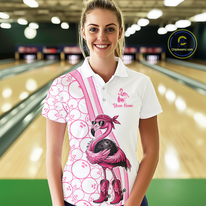 Funny Cute Pink Flamingo Custom White & Pink Bowling Shirts For Ladies, Flamingo Bowling Team Outfits NQS11544
