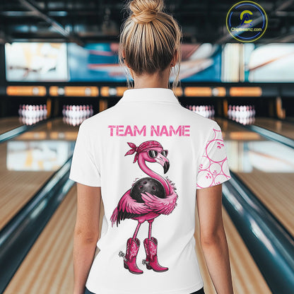 Funny Cute Pink Flamingo Custom White & Pink Bowling Shirts For Ladies, Flamingo Bowling Team Outfits NQS11544