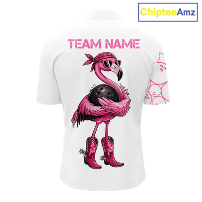 Funny Cute Pink Flamingo Custom White and Pink Bowling Shirts For Men, Flamingo Bowling Team Outfits NQS11544