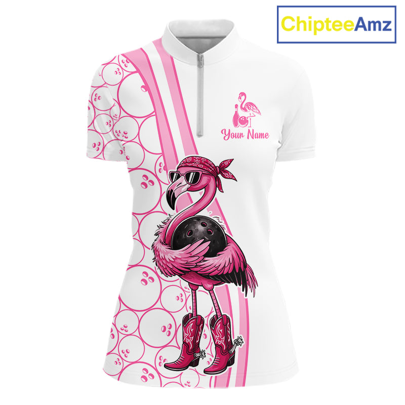 Funny Cute Pink Flamingo Custom White & Pink Bowling Shirts For Ladies, Flamingo Bowling Team Outfits NQS11544