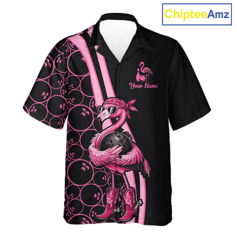 Funny Cute Pink Flamingo Custom Black & Pink Bowling Hawaiian Shirts, Flamingo Bowling Team Outfits NQS11545