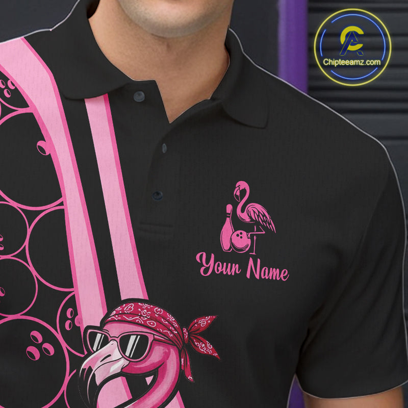 Funny Cute Pink Flamingo Custom Black and Pink Bowling Shirts For Men, Flamingo Bowling Team Outfits NQS11545