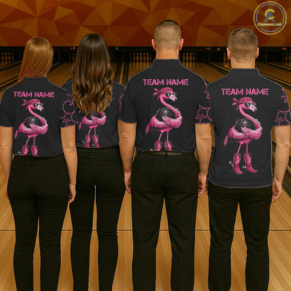 Funny Cute Pink Flamingo Custom Black and Pink Bowling Shirts For Men, Flamingo Bowling Team Outfits NQS11545