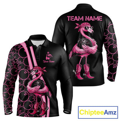 Funny Cute Pink Flamingo Custom Black and Pink Bowling Shirts For Men, Flamingo Bowling Team Outfits NQS11545