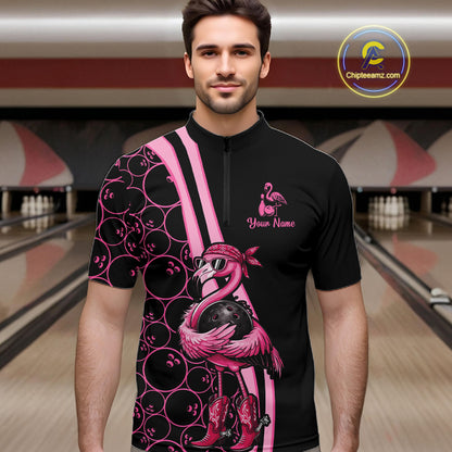 Funny Cute Pink Flamingo Custom Black and Pink Bowling Shirts For Men, Flamingo Bowling Team Outfits NQS11545